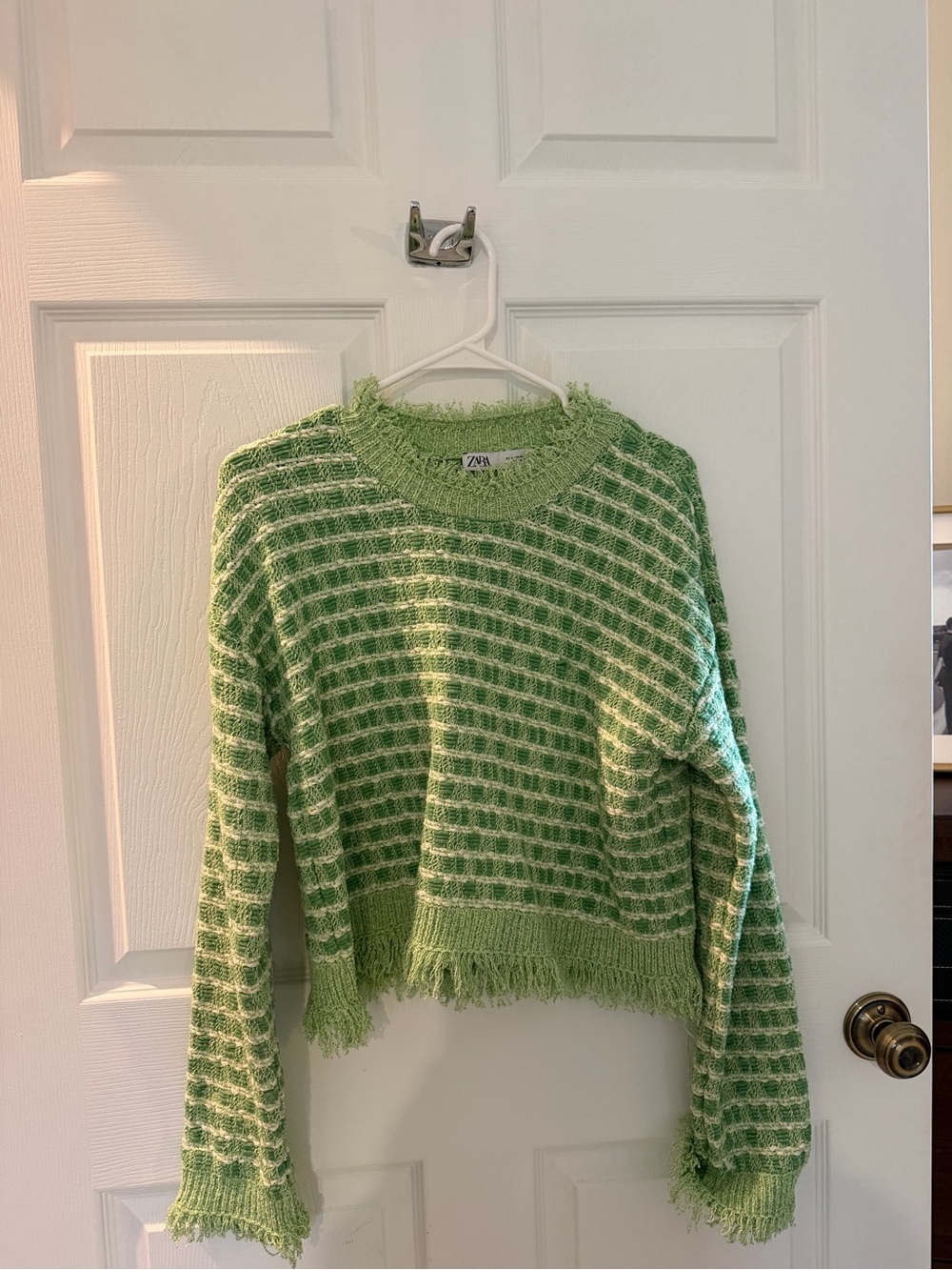 Zara Light Green Fringe-Trim Check Knit Sweater